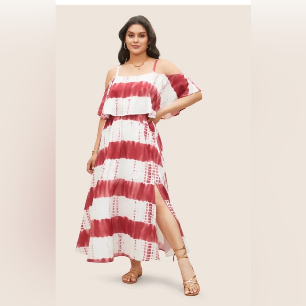 NWT  Red and White Tie-Dye Maxi Cold  shoulder Maxi dress size 3X 🌹🌸🌺 01